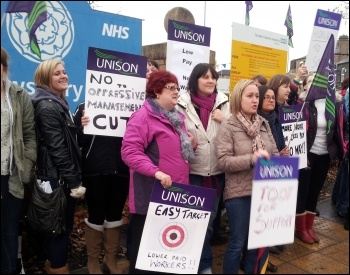 Three-day strike of Mid Yorkshire Unison NHS staff against pay cuts and mass downgrading, photo Iain Dalton