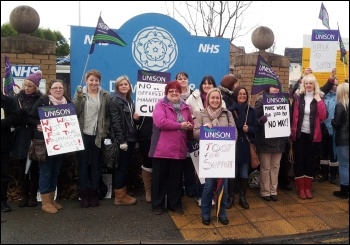 Three-day strike of Mid Yorkshire Unison NHS staff against pay cuts and mass downgrading in 2013, photo Iain Dalton