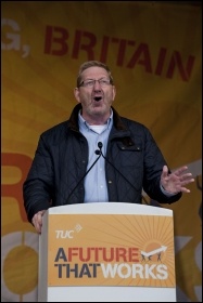 Len McCluskey of Unite speaking at the 20 October 2012 TUC demo against austerity, photo Paul Mattsson