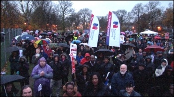 Saturday 24 November, defying cold driving rain, up to 10,000 residents and staff marched to defend Lewisham Accident and Emergency (A&E) and linked arms around it., photo Socialist Party