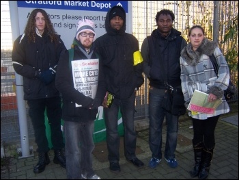 ISS cleaners and supporters at Stratford Market rail depot 30.11.12, photo by Bob Severn