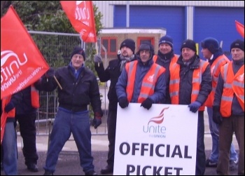 Striking Tesco drivers on the picket line , photo A Tice