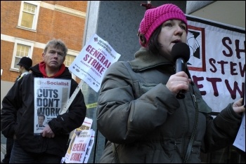 Nancy Taaffe addressing the lobby of the TUC, 11.12.12, photo by Paul Mattsson