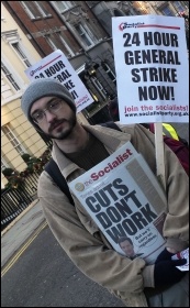 Socialist Party paper and placards on the lobby of the TUC, 11.12.12, photo Paul Mattsson