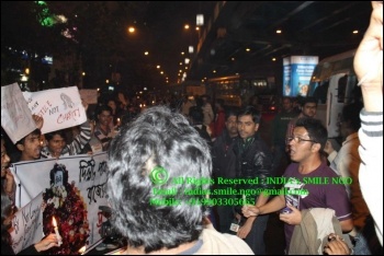 Saptarshi Banerjee (New Socialist Alternative) addressing protestors in Kolkata, India, photo India's Smile NGO