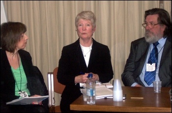 Frances O'Grady and Ricky Tomlinson listening to Eileen Turnball, Shrewsbury 24 press conference, 23.1.13, photo by Bob Severn