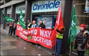 Churchill cleaners, Tyne & Wear metro, lobbying the local media, Jan 2013, photo by Paul Phillips
