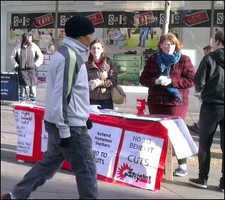 Leicester Socialist Party stall for the rights of the homeless and against benefit cuts, photo by Steve Score