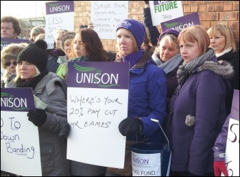 Unison NHS workers on strike against huge cuts in the Mid-Yorkshire Trust hospitals, photo Iain Dalton