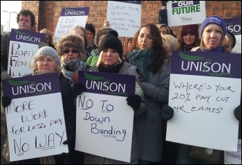 Unison NHS workers on strike against huge cuts in the Mid-Yorkshire Trust hospitals, photo Iain Dalton