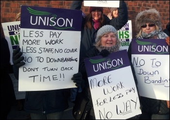 Unison NHS workers on strike against huge cuts in the Mid-Yorkshire Trust hospitals, photo Iain Dalton