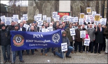 Prison officers protest outside parliament 13.2.13, photo by Bob Severn