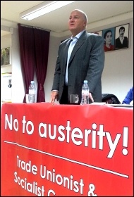 Bob Crow, RMT general secretary, addresses a Hackney TUSC meeting 18.2.13, photo Neil Cafferkey
