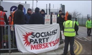 Socialist Party banner on construction workers' protest at Capenhurst, 20.2.13, photo Harry Smith