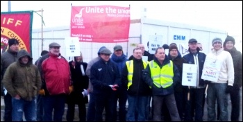 Construction workers' protest outside Cardiff incinerator site against Cnim, 20.2.13, photo by Dave Reid