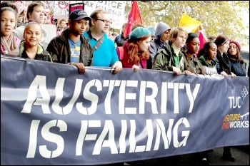 Austerity is failing - banner on the 20 October 2012 TUC demonstration against austerity, photo by Paul Mattsson