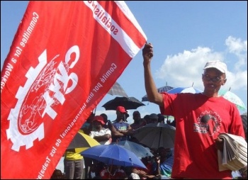  CWI flag at meeting of Harmony Gold workers, South Africa, February 2013 , photo by DSM