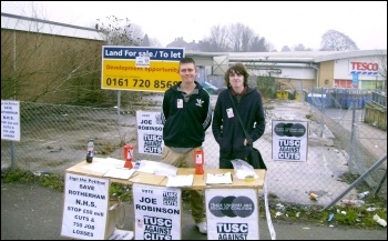 Successful TUSC candidate Joe Robinson (left) with Shaun on a TUSC stall in Maltby, Yorkshire. photo by Alistair Tice