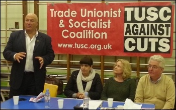 Left to Right: Bob Crow, Isabel Counihan-Sanchez, Paula Mitchell, John Reid; TUSC Gospel Oak meeting, 7.3.13, photo by Neil Cafferky