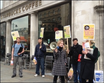 Youth Fight for Jobs protesters outside Starbucks, Regent St, 14.3.13, photo Suzanne Beishon