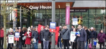 NUJ and Bectu strikers outside the BBC building, Salford, 28.3.13, photo by Paul Gerrard