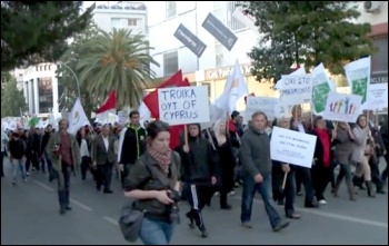 Cyprus workers protest against the Cypriot government's deal with the Troika - the IMF, Central bank and the EU, photo AFPTV J. Massad