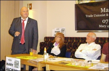 Bob Crow, the late RMT general secretary, addressing a TUSC rally in Doncaster in support of  Mary Jackson (centre), photo A Tice