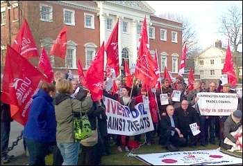 A 70-strong lobby of the Labour councillors' meeting to suspend Kevin Bennett from the Labour Group, April 2013, photo Adam Hemsley