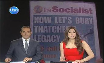  The most-watched Lebanese TV news programme shows The Socialist newspaper's headline during an item discussing reaction to Thatcher’s death, photo of LBC screen shot