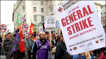 TUC demo 20 October 2012 with placard calling for a 24 hour general strike , photo by Senan