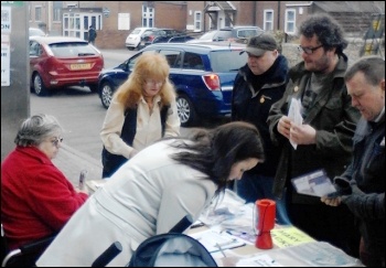 Mary and TUSC out campaigning against the Bedroom Tax and NHS Privatisation in Bentley this morning. We had a great response and lots took Mary's poster for their windows!, photo Doncaster Socialist Party