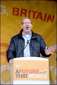 Len McCluskey of Unite speaking at the 20 October 2012 TUC demo against austerity , photo by Paul Mattsson