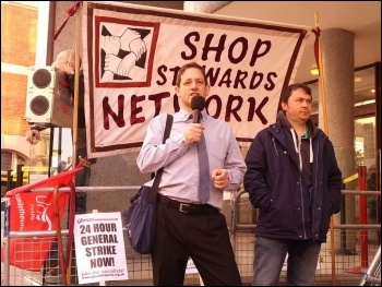 Martin Powell Davies speaking at the NSSN's lobby of the TUC, Rob Williams on right,  24.4.13, photo by N Cafferky