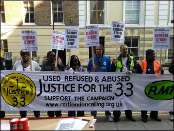 Sacked agency workers who worked for Transport for London, at the lobby of the TUC, 24.4.13, photo by N Cafferky