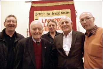 Liverpool 47 rally, 27.4.13 on 30th Anniversary: Left to right: Len McCluskie,Tony Benn, Paul Astbury, Tony Mulhearn and Dave Walsh, photo Harry Smith