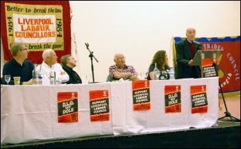  Liverpool 47 rally, on 30th Anniversary: platform left to right: Len McCluskie,Tony Mulhearn, Paul Astbury, Peter Taaffe, Fran Heathcote, and Tony Benn. , 27.4.13, photo by Harry Smith
