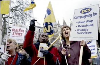 PCS strike on budget day, 20 March 2013 with NSSN 24 hour general strike placard , photo Paul Mattsson PCS strike on budget day, 20 March 2013 with NSSN 24 hour general strike placard , photo Paul Mattsson