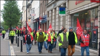 Sacked Tesco drivers marched through Doncaster, 18.5.13 , photo John Gill
