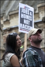 A small group of BNP supporters gathered heavily out-numbered by anti-BNP protestors in London's Whitehall , 1 June 2013, photo Paul Mattsson