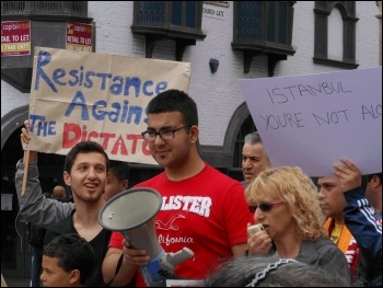 Helen Gadsby speaks at protest rally in Leicester on Saturday 8 June in solidarity with the resistance in Turkey