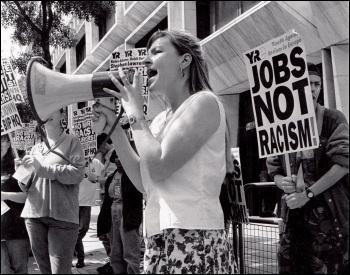 Lois Austin on Youth Against Racism in Europe lobby of the Home Office 25-6-93, photo Tim Bolwell