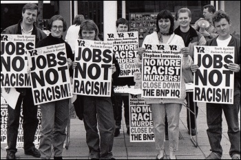 Blyth YRE in Action Rolan - Adams Rohit Duggal - Stephen Lawrence - No More Racist Murders - Close down the BNP HQ, photo Militant