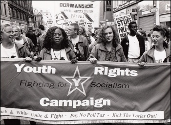 Hannah Sell (centre right) with the Youth Rights Campaign on the Glasgow demonstration against the Poll Tax 9-9-1990, photo Dave Sinclair