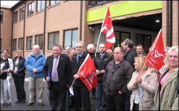 Unite members and others supporting Kevin Bennett outside his appeal hearing against suspension on 1st July 2013 