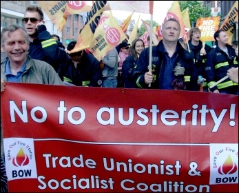 London Firefighters demonstrate against the closure of Bow firestation , photo by N Byron