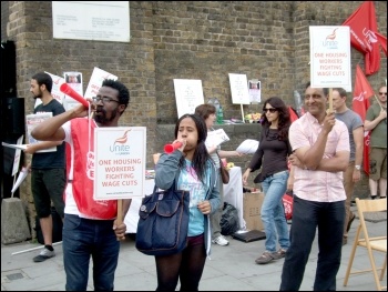 One Housing Group workers, members of Unite, on a second three-day strike against massive pay cuts, photo Naomi Byron One Housing Group workers, members of Unite, on a second three-day strike against massive pay cuts, photo Naomi Byron