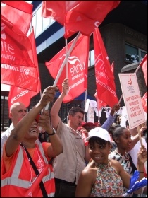 One Housing Group workers, members of Unite, striking against massive pay cuts, photo Naomi Byron
