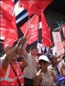 One Housing Group workers, members of Unite, striking against massive pay cuts, photo Naomi Byron
