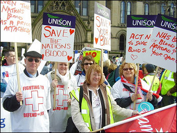 Unsion workers in blood processing on the NHS demonstration March 3rd 2007, photo Paul Mattsson