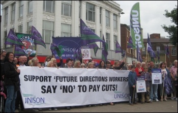 Future Directions care workers on strike, August 2013, photo by Hugh Caffrey